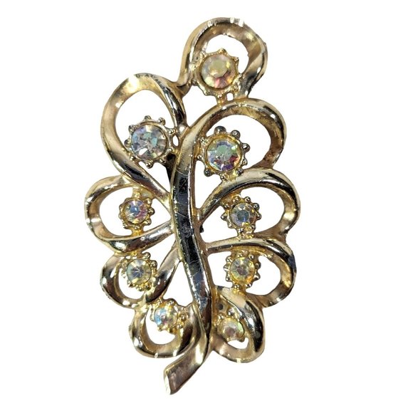 Vintage 1960s Gold Tone Swirl Leaf Brooch Clear Rhinestones 2 x 1.5 inch - Picture 1 of 7